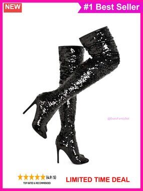 CAMSSOO Women's Peep Toe Sparkly Thigh High Boots Stiletto Heel